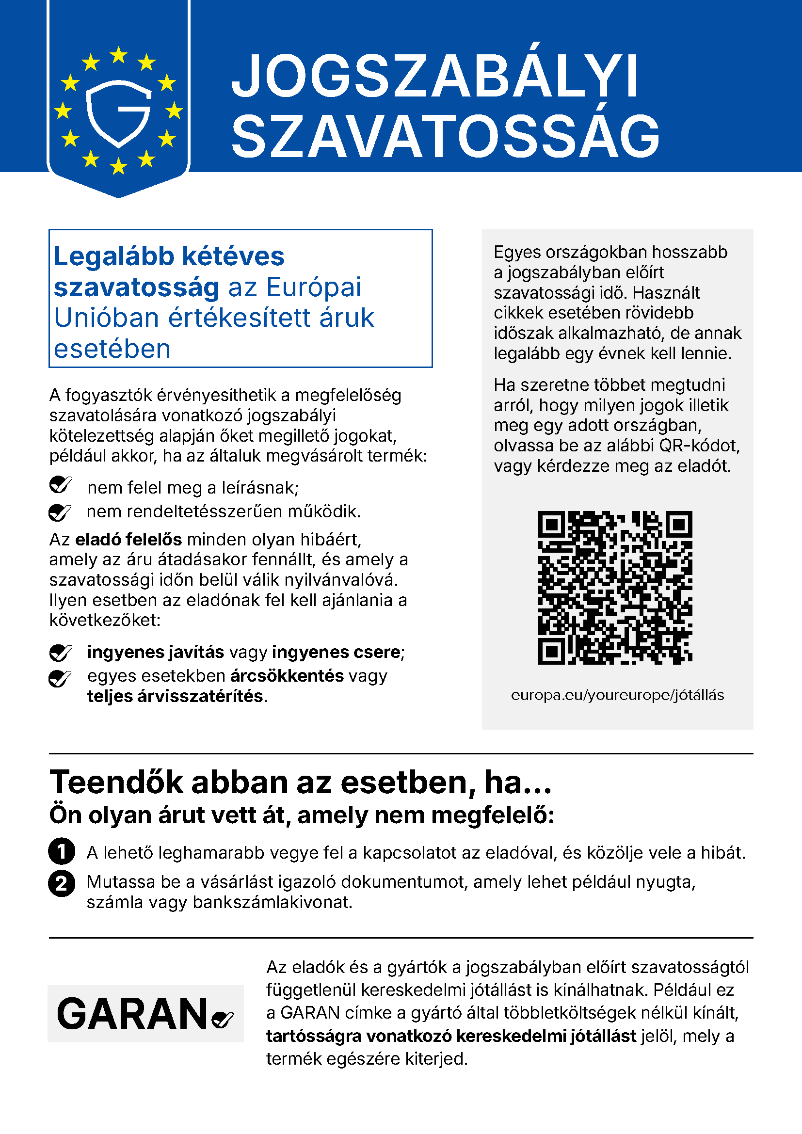 Az Ön kellékszavatossági jogai